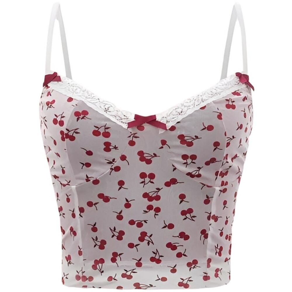 NEW Romwe Womens Y2K Summer Coquette Cherry Bow Lace Cami Crop Top‎ Size S